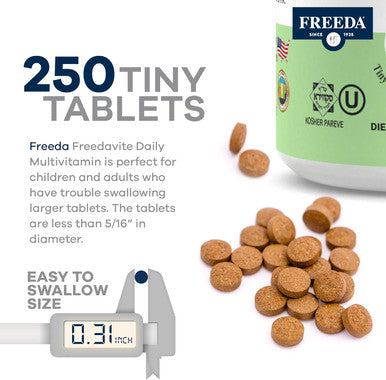 Freedavite Tiny Tablet - Moderate Multivitamin For Men And Women - Pure Vitamin A, C, D, E, B1, B2, B6, B12, Biotin, Calcium, Zinc, Iron, Magnesium, Manganese, Copper, Selenium, Iodine - 250 Count