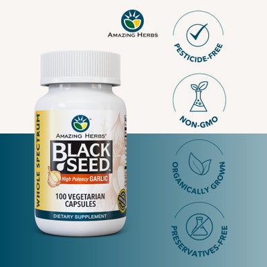 Amazing Herbs Whole Spectrum Black Seed & High Potency Garlic, Vegetarian Capsules - Gluten-Free, Non-Gmo, Vegan, Helps Supports Immune System - 100 Count