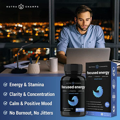 Caffeine Pills with L-Theanine for Focused Energy | Smooth & Clean Energy Supplement for Focus & Performance | No Crash No Jitters | Nootropic Brain Booster with Yerba Mate | 60 Vegan Energy Pills