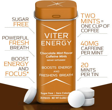 Viter Energy Caffeinated Mints 40Mg Caffeine, B Vitamins, Sugar Free. (Wintergreen, 20Pcs, 6 Pack)