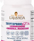 Ana Maria Lajusticia TRYPTOPHANE Plus ASHWAGANDHA Supplement + RHODIOLA and Magnesium 60 TABS Vegan Gluten Kosher Halal Lactose 600 mg Support Strees Relief Energy and Sleep.