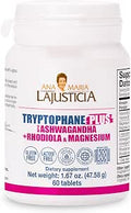 Ana Maria Lajusticia TRYPTOPHANE Plus ASHWAGANDHA Supplement + RHODIOLA and Magnesium 60 TABS Vegan Gluten Kosher Halal Lactose 600 mg Support Strees Relief Energy and Sleep.