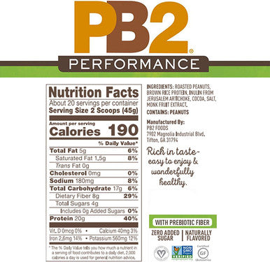 PB2 Performance Peanut Protein Powder with Dutch Cocoa 2 lb/32 oz Jar 20g of Vegan Plant Based Protein Powder Non GMO Gluten Non Dairy