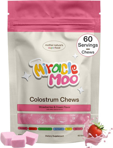 Miracle Moo Colostrum Unflavored 60 Serving + Strawberry Chews 60 Serving (120 Total Servings) Bovine Colostrum Supplement