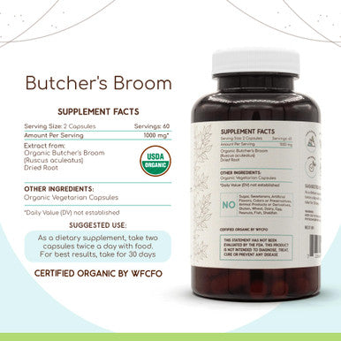 Butcher'S Broom Usda Organic 120 Capsules | Natural Herbal Supplement | Certified Organic Vegetarian Capsules And Organic Butcher