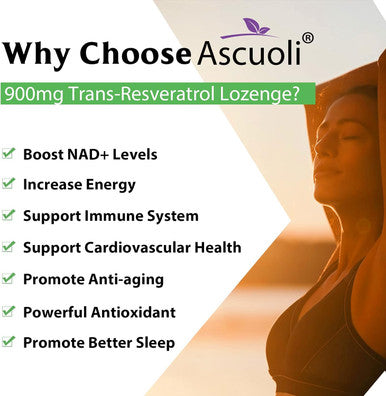 Ascuoli Sublingual Trans-Resveratrol Purity 99%, 3-In-1 Advanced Formula Resveratrol Supplement For Boost Nad+, Immune & Energy Support, Anti-Aging, Skin & Overall Health, 240 Lozenge (240-Day Supply)