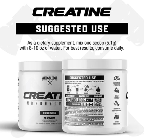 Axe & Sledge Supplements Basics Creatine Enhances Strength Increases Lean Body Mass Boosts Performance Unflavored 50 Servings