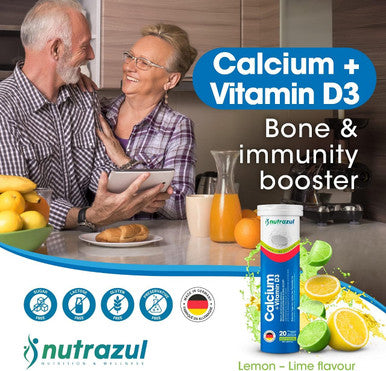 Nutrazul Calcium + Vitamin D3 Effervescent Tablets-Lemon-Lime 20A's | 20 Days Supply | Gluten Free, Sugar Free, Lactose Free & Preservative Free