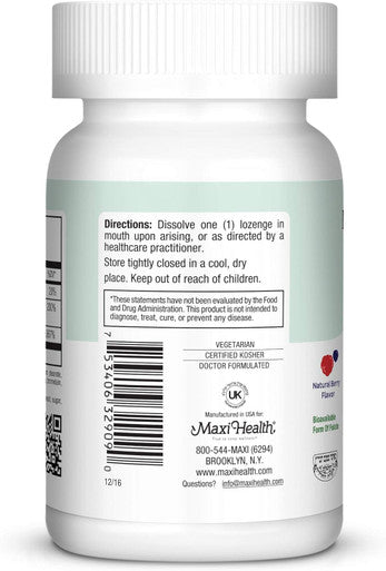 Maxi Health Methyl Folate Lozenges with B12 & B6 Flavored Memory Cardiovascular Health Hormone & Immune Support Gluten Kosher Berry 90 Count