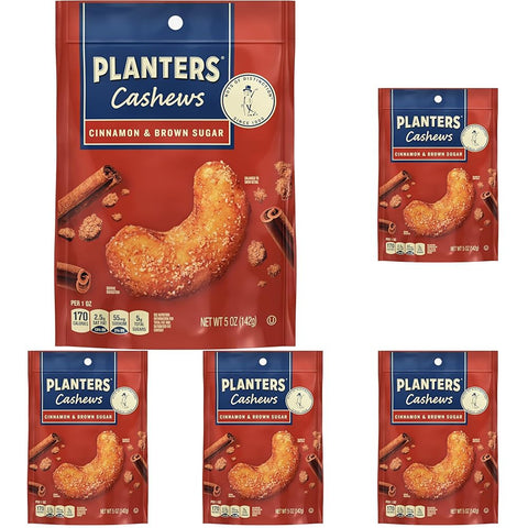 PLANTERS Cashews Cinnamon & Brown Sugar - Trail Mix Snack Pack - Snacks with Cinnamon & Brown Sugar, Snack Pack, Party Trail Mix, 5 Oz Bag