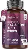 Weightworld Hyaluronic Acid Supplement 600mg (500-700 KDA) - 120 Vegan Triple Strength Hyaluronic Acid Capsules - 4 Month Supply - Natural Skin Hair & Joint Supplement for Women & Men - Superior Absorption