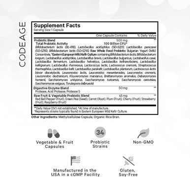 Codeage Raw Probiotic+ Supplement - 34 Probiotic Strains 100 Billion CFUs Raw Whole Food Probiotics Digestive Enzymes Raw Fruits & Veggies Prebiotics - Wild Kefir Culture - Non-GMO - 30 Capsules