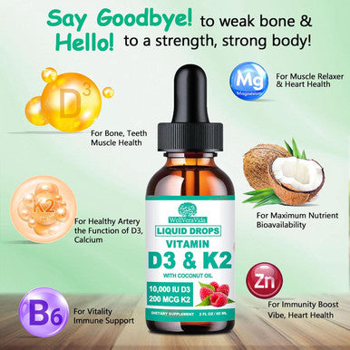 WellVeraVida D3 K2 Vitamin 10000Iu, Liquid Drop Vitamin D3 With K2 (Mk-7)200Mcg Coconut Oil, 6X Stronger Than D3 K2 Sofegels, Magnesium Zinc For Absorption -K2 D3 Vitamin Supplement For Joint Teeth & Bone Health