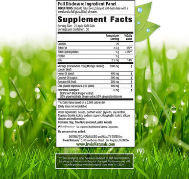 Irwin Naturals Mighty Moringa 1,000 Mg With Chia Coconut Hemp Avacado & Omega Superfoods - 60 Liquid Softgels With Pill Case