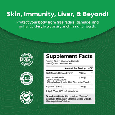 Glutathione Amino Acid Nutritional Supplement - Pure Glutathione Supplements for Liver Support - L Glutathione Pills with Glutamic Acid and Milk Thistle Seed Extract for Anti Aging and Immune Support