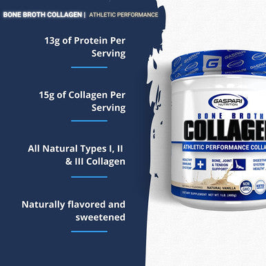 Gaspari Nutrition Bone Broth Athletic Performance Collagen, Joint Support, Digestive and Immune Health, Muscle Recovery, Glucosamine and Chondroitin Concentrated (30 Serving, Natural Vanilla)