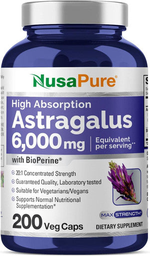 Nusapure Astragalus 6000Mg Per Serving 200 Veggie Capsules Extract 20:1 Non-Gmo & Bioperine