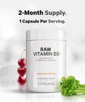Codeage Raw Vitamin D3+ High Potency 5000 IU Supplement From Saccharomyces Cerevisiae - Raw Vitamin Enhanced with Omega-9 Probiotics Digestive Enzymes Fruits & Greens - 2-Month Supply - 60 Capsules