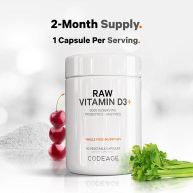 Codeage Raw Vitamin D3+ High Potency 5000 IU Supplement From Saccharomyces Cerevisiae - Raw Vitamin Enhanced with Omega-9 Probiotics Digestive Enzymes Fruits & Greens - 2-Month Supply - 60 Capsules