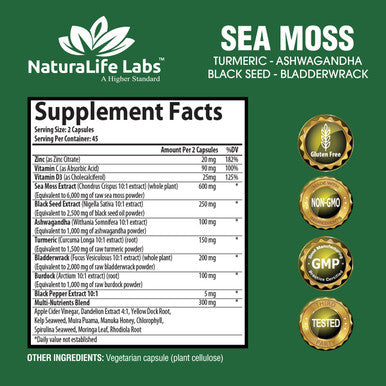NaturaLife Labs Sea Moss 6000Mg - Black Seed Oil 2500Mg - Bladderwrack 2000Mg - Turmeric 1500Mg Ashwagandha 1000Mg - Burdock 1000Mg - Vitamin C D3, Yellow Dock Root Manuka Dandelion - 90 Veggie Caps