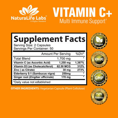 Naturalife Labs A Higher Standard Vitamin C 1,700 Mg With Vitamin D3, Zinc, Elderberry, Ginger Root - Maximum Strength Multi System Immune Support- 100 Veggie Capsules