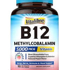 Vitamin B12 Sublingual 5000 mcg Methylcobalamin Bioactive Form High Absorption Vegan Nerve Energy Immune Mood Support Natural Peach Flavor 90 Fast Dissolve Mini Tablets No Sugar