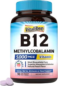 Vitamin B12 Sublingual 5000 mcg Methylcobalamin Bioactive Form High Absorption Vegan Nerve Energy Immune Mood Support Natural Peach Flavor 90 Fast Dissolve Mini Tablets No Sugar
