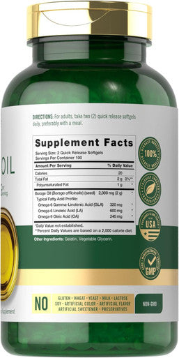 Carlyle Borage Oil Capsules | 2000mg | 200 Softgels | 320mg of GLA | Cold Pressed Seed Oil Supplement | Hexane | Non-GMO & Gluten