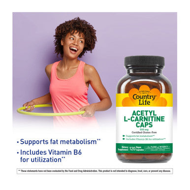 Country Life Acetyl L-Carnitine Caps With Vitamin B-6 To Aid In Utilization 500Mg 120 Vegan Capsules Certified Gluten Free Certified Vegan Certified Halal