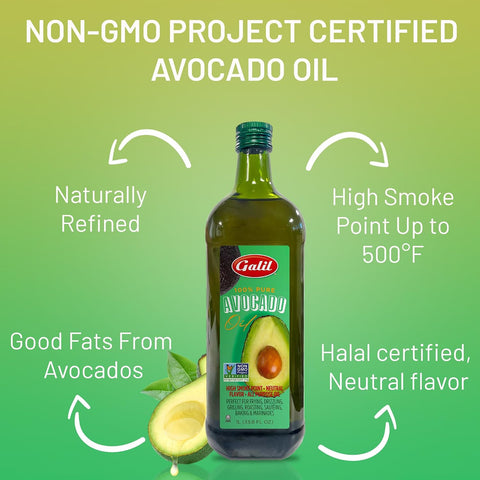 Galil 100% Pure Avocado Oil - High Smoke Point 500Ã‚Â°F Non-GMO, Vegan, Halal Certified - Perfect for Cooking, Baking, SautÃƒÂ©ing, Dressings & Marinades, Rich in Healthy Fats - 1 Liter Glass Bottle