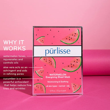 purlisse Watermelon Energizing Sheet Mask Cruelty clean Paraben Sulfate Packed with Vitamins A B C Aloe Vera calms skin Pack of 6