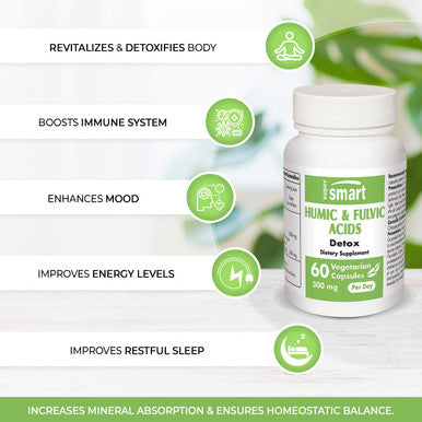 Supersmart Humic Fulvic Acids 300 mg Per Day Sodium Salts of Humic Acid Fulvic Acid Immune System Booster NonGMO Gluten Free 60 Vegetarian Capsules