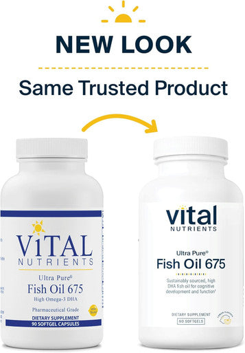 Vital Nutrients Ultra Pure Fish Oil 675 | Supports Brain Development & Function | Sustainably Sourced High DHA Omega-3 Fatty Acid | Lemon Flavor | Gluten Dairy & Soy | 90 Softgels