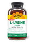 Country Life L-Lysine 1000Mg With B-6 Supports Immune Health Promotes Collagen Renewal In Lips And Mouth 250-Count Certified Gluten Free Certified Vegan