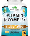 NaturaLife Labs Vitamin B Complex with Vitamin C and Folic Acid - B12, B1, B2, B3, Vitamin B5 Pantothenic Acid, B6, B7, B9 - Nervous System Support 100 Veggie Capsules