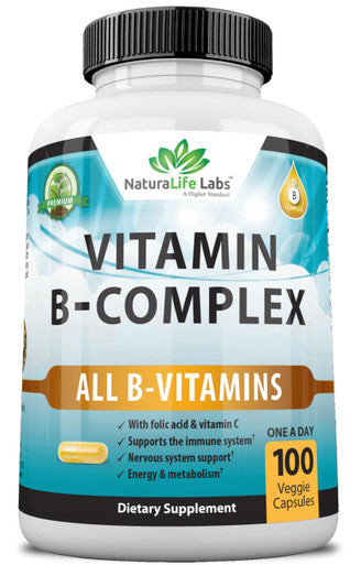 NaturaLife Labs Vitamin B Complex with Vitamin C and Folic Acid - B12, B1, B2, B3, Vitamin B5 Pantothenic Acid, B6, B7, B9 - Nervous System Support 100 Veggie Capsules