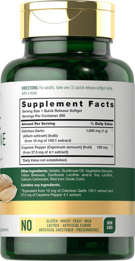 Carlyle Odorless Garlic and Cayenne 1150mg | 200 Softgels | Non-GMO Gluten Supplement