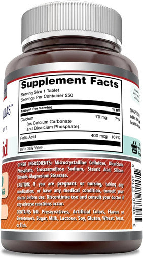 Amazing Nutrition Formulas Folic Acid (Vitamin B9) 400 mcg Tablets | Non-GMO | Gluten | Made in USA (400 mcg 250 Count)