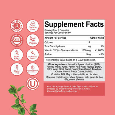 Natures Craft Sugar Vitamin B12 1000 mcg Gummies - Vegan B12 Gummies for Adults Energy Focus Immunity and Nerve Support - Vitamin B12 Gummies for Adults - Kosher Non GMO Gluten & Vegan (60 Servings)
