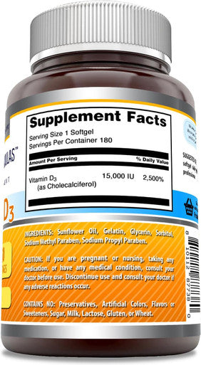 Amazing Nutrition Formulas Vitamin D3 Supplement | 15000 IU Per Serving | Softgels | Non-GMO | Gluten | Made in USA (180 Count)