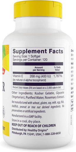 Healthy Origins Sunflower Vitamin E-400 IU, 120 Softgels
