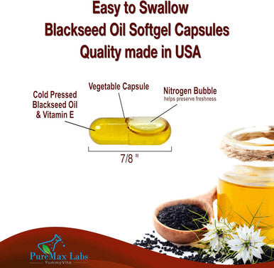 YUMMYVITE Cold Pressed Black Seed Oil - 120 Capsules, Premium Nigella Sativa Pure Black Cumin Seed Oil With Vitamin E, For Hair, Skin & Immune Health - Non-Gmo 120 Capsules