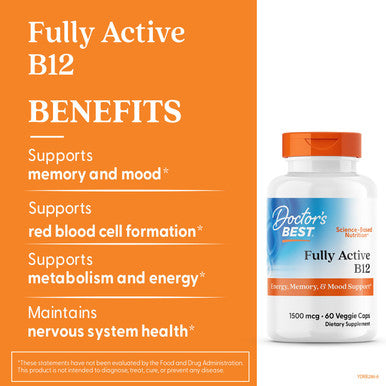 Doctor's Best Fully Active B12 1500 mcg, Non-GMO, Vegan, Gluten Free, Supports Healthy Memory, Mood and Circulation, 60 Veggie Caps