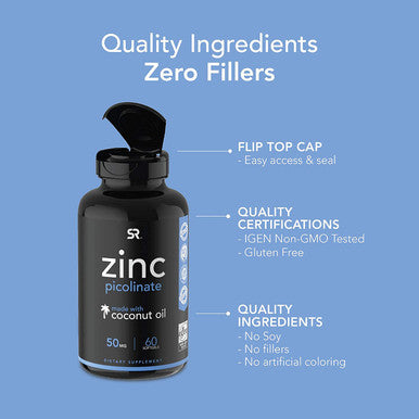 Zinc Picolinate 50mg with Organic Coconut Oil Highly Absorbable Zinc Supplement for Healthy Immune Function NonGMO Verified Gluten Soy 60 Liquid Soft gels