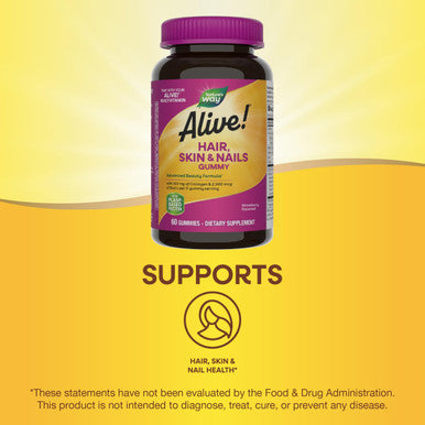 Nature's Way Alive Hair Skin and Nails Gummies with Biotin and Collagen Beauty Support 60 Strawberry Flavored Gummies