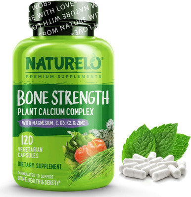 NATURELO Bone Strength - Plant-Based Calcium, Magnesium, Potassium, Vitamin D3, VIT C, K2 - GMO, Soy, Gluten Free Ingredients - Whole Food Supplement for Bone Health - 120 Vegan Friendly Capsules