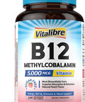 Vitalibre Vitamin B12 Sublingual 5000 mcg Methylcobalamin Bioactive Form High Absorption Vegan Nerve Energy Immune Mood Support Natural Peach Flavor Fast Dissolve Mini Tablets No Sugar