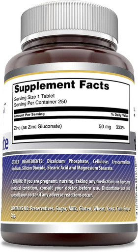 Amazing Nutrition Formulas Zinc Gluconate 50mg 250 Tablets Supplement | Non-GMO | Gluten | Made in USA
