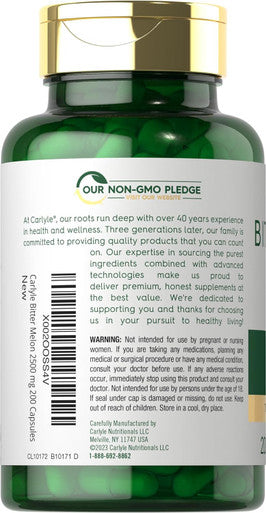 Carlyle Bitter Melon Capsules 2500 mg | 200 Count | Non-GMO & Gluten Extract | Complex Supplement