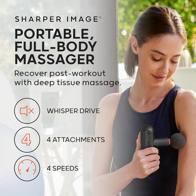 Sharper Image Deep Tissue Portable Percussion Massage Gun, Powerboost Move Full Body, Back & Neck Muscle Massager With 4 Attachments - Handheld Rechargeable Electric Massage Gun For Athletes
